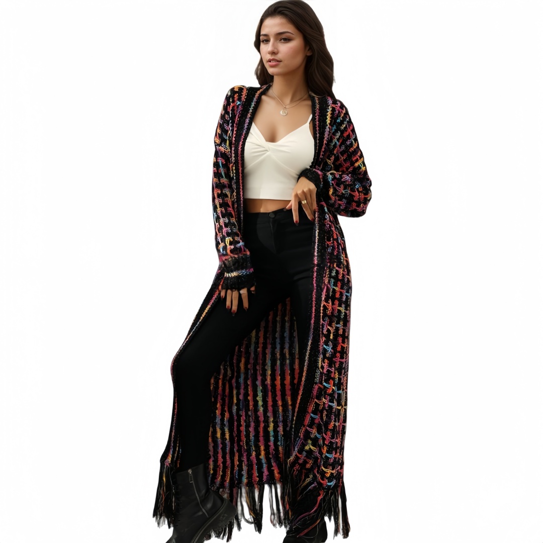 Elegant Colorful Long Cardigan Sweater Womens Large Size Knitted Sweater Coat